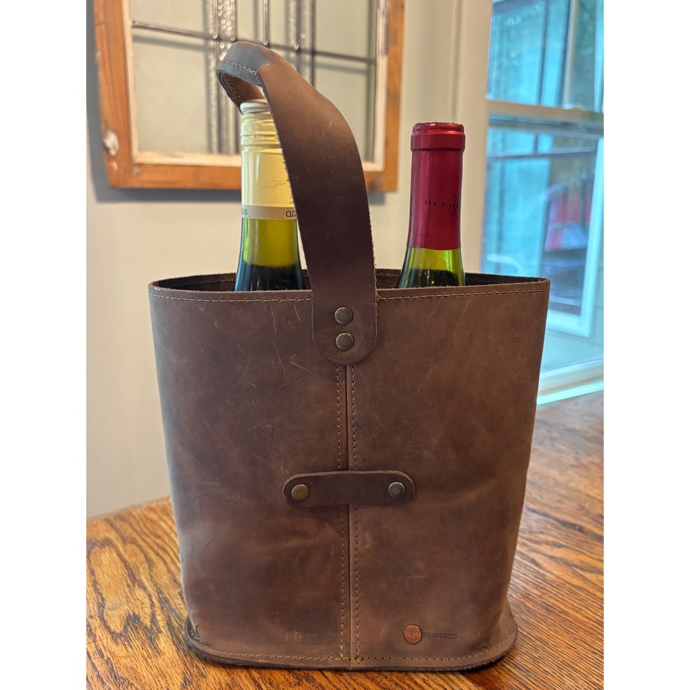 Rustico Leather Double Wine Tote Carrier Dark Brown Handcrafted Bottle Bag